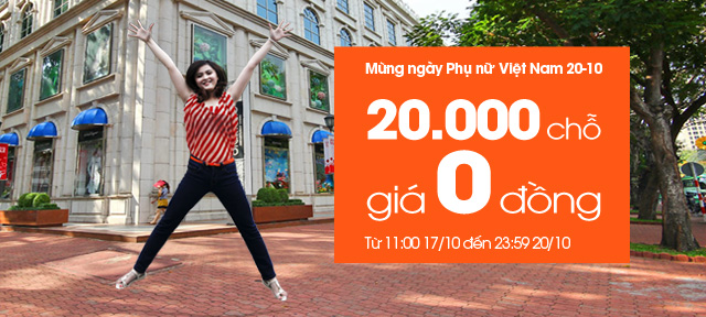 Nhân dịp chào mừng Ngày Phụ Nữ Việt Nam, 20 tháng 10,Jetstar Pacific hân hạnh dành tặng Quý khách hàng chương trình khuyến mại đặc biệt “ 20,000 chỗ giá 0 đồng”