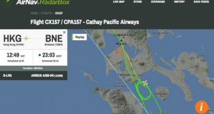 Bản đồ cho thấy đường bay của chuyến bay CX157 từ Hồng Kông đến Brisbane (Úc), những đã phải hạ cánh khẩn cấp ỏ Manila